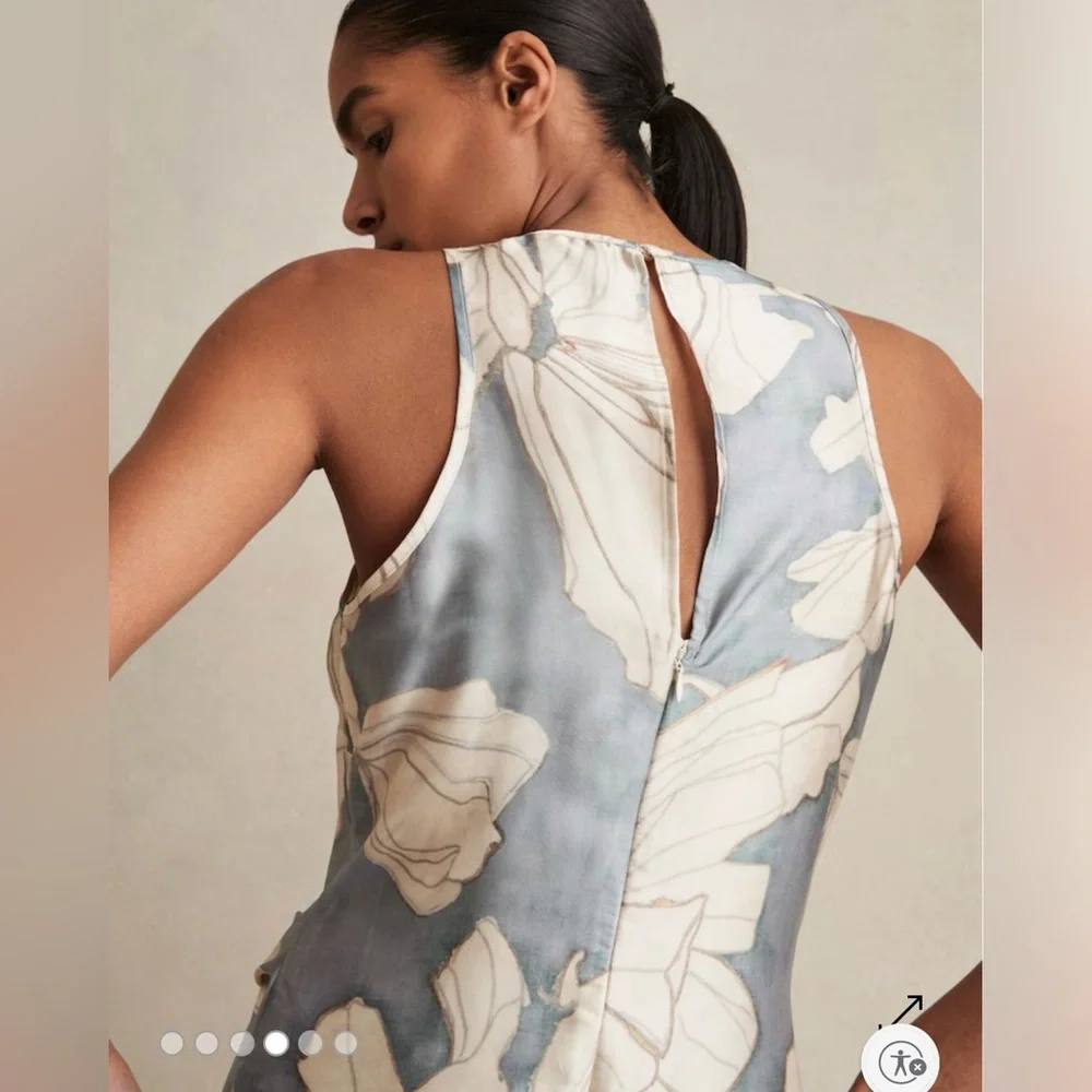 Reiss Satin Floral Drape Midi Dress in Blue & Cream Size 6 NWT - Picture 3 of 5